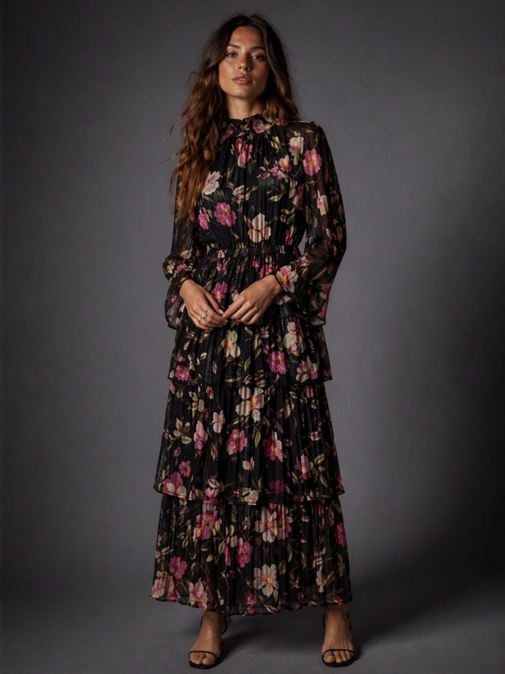 Function & Fringe Edit | Metallic Lurex Floral Tiered Maxi Dress Size 6